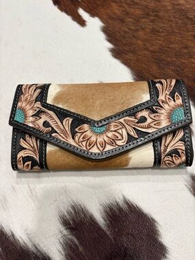 Handcrafted Tooled Leather & Hair-on Hide Wallet with Turquoise Accents